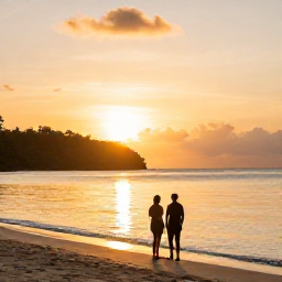 Caribbean Holidays, Trinidad Tobago Tours, Couple enjoying a sunset beside a quiet Tobago beach, with warm golden light and calm Caribbean water