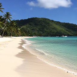 Caribbean Holidays, Trinidad Tobago Tours, Tobago beach with clear turquoise water, palm trees, fishing boats and green hills in the background