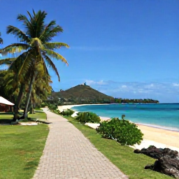 Caribbean Holidays, Trinidad Walking Holidays, A coastal walking path beside a quiet beach in Tobago, with turquoise water, palms and distant hills