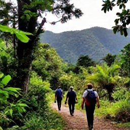 Caribbean Holidays, Trinidad Walking Holidays, A guided group walking along a forest trail in the Northern Range of Trinidad, with mountains and dense green vegetation
