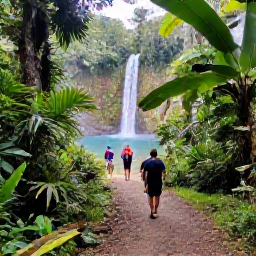 Caribbean Holidays, Trinidad Walking Holidays, A peaceful forest trail leading towards a waterfall in Trinidad, with hikers near a clear pool and tropical plants
