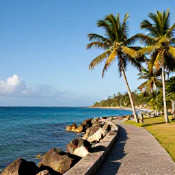 Caribbean Holidays, Trinidad Walking Holidays, A scenic Trinidad coastal path overlooking turquoise sea, rocky shoreline and palm trees in warm December sunshine