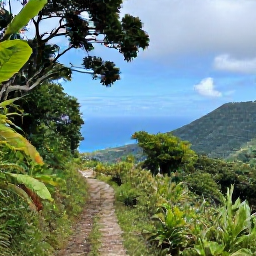 Caribbean Holidays, Trinidad Walking Holidays, A scenic walking trail through Trinidad&rsquo;s Northern Range with mountain views, tropical trees and distant coastline