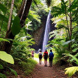 Caribbean Holidays, Trinidad Walking Holidays, A tranquil Caribbean walking trail through tropical vegetation in Tobago, with a small waterfall and hikers enjoying the scenery