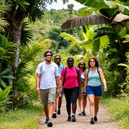 Caribbean Holidays, Trinidad Walking Holidays, Friendly local guide leading a small group of walkers along a tropical trail in Trinidad and Tobago