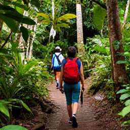 Caribbean Holidays, Trinidad Walking Holidays, Guided walkers exploring Trinidad rainforest beside a waterfall, with tropical vegetation and a safe natural trail