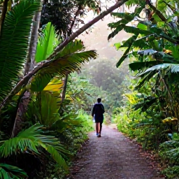 Caribbean Holidays, Trinidad Walking Holidays, Hikers walking along a lush forest trail in Trinidad, with tropical greenery and soft morning light
