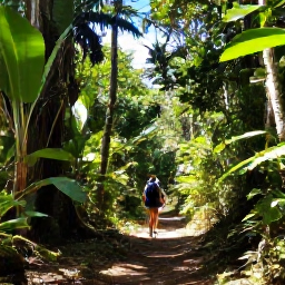 Caribbean Holidays, Trinidad Walking Holidays, Hikers walking through a lush Trinidad rainforest in warm April sunshine, with tropical foliage and a clear trail