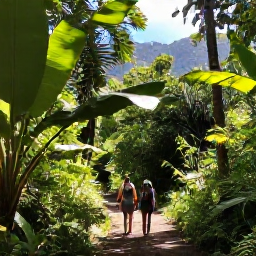 Caribbean Holidays, Trinidad Walking Holidays, Hikers walking through lush rainforest on Trinidad, with broad tropical leaves, filtered sunlight and a clear mountain trail