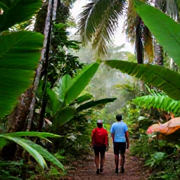 Caribbean Holidays, Trinidad Walking Holidays, Hikers walking through lush rainforest on Trinidad, with tall palms, broad leaves and soft morning light