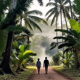 Caribbean Holidays, Trinidad Walking Holidays, Hikers walking through lush rainforest on Trinidad, with tall palms, tropical foliage and soft morning light