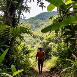 Caribbean Holidays, Trinidad Walking Holidays, Hikers walking through lush rainforest on Trinidad, with tropical foliage, filtered sunlight and distant green hills