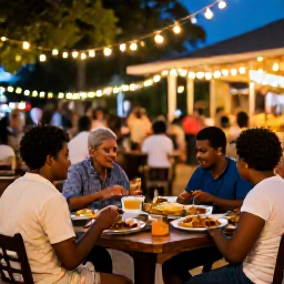 Caribbean Holidays, Trinidad Walking Holidays, Visitors enjoying a relaxed December evening in Trinidad, with local food, festive lights and friendly island atmosphere