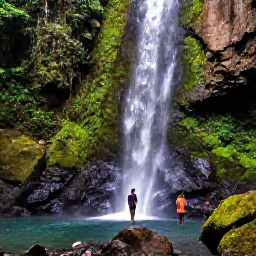 Caribbean Holidays, Trinidad Walking Holidays, Walkers approaching a clear waterfall in Trinidad, surrounded by tropical forest and moss-covered rocks