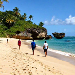 Caribbean Holidays, Trinidad Walking Holidays, Walkers exploring a golden beach and coastal path in Tobago, with turquoise sea, palm trees and rocky headlands
