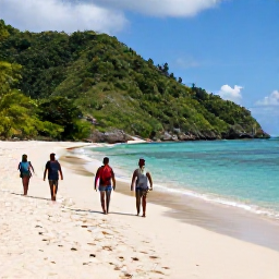Caribbean Holidays, Trinidad Walking Holidays, Walkers exploring the coastline near Maracas Bay in Trinidad, with a sandy beach, turquoise water and green hills
