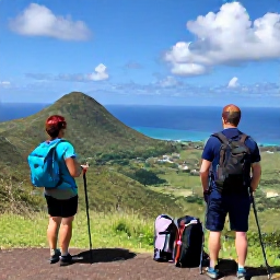 Caribbean Holidays, Trinidad Walking Holidays, Well-equipped walkers resting at a viewpoint over Trinidad&rsquo;s green hills and coastline, with walking poles and daypacks