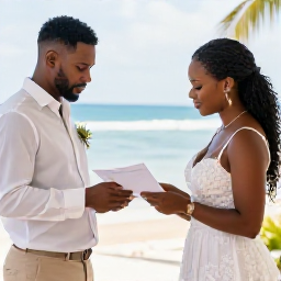 Caribbean Holidays, Trinidad Wedding, A friendly couple meeting a wedding coordinator at a bright Caribbean resort, reviewing ceremony plans and documents