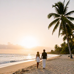 Caribbean Holidays, Trinidad Wedding, A newly married couple walking along a quiet palm-fringed beach in Trinidad and Tobago at sunset