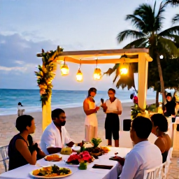 Caribbean Holidays, Trinidad Wedding, A wedding reception on a Caribbean beach with lanterns, tropical flowers, local food and guests enjoying the evening