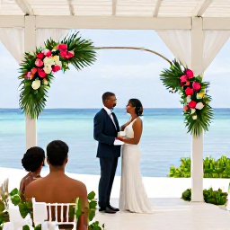 Caribbean Holidays, Trinidad Wedding Holidays, A couple meeting a friendly Caribbean wedding planner at a bright resort terrace in Tobago, with floral arrangements and sea views