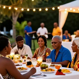 Caribbean Holidays, Trinidad Wedding Holidays, A joyful Caribbean wedding reception outdoors in Tobago, with guests dining under string lights, colourful local dishes and live steelpan music
