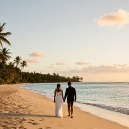 Caribbean Holidays, Trinidad Wedding Holidays, A newly married couple walking along a quiet golden beach in Tobago at sunset, with calm turquoise water and palm trees