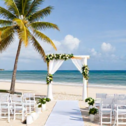 Caribbean Holidays, Trinidad Wedding Holidays, An elegant tropical wedding ceremony set on a Tobago beach, with white chairs, simple flowers, palm trees and the sea beyond