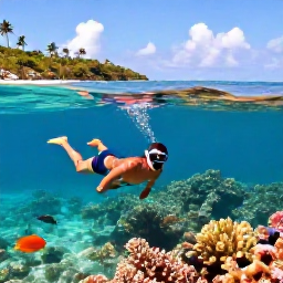 Caribbean Holidays, Trinidad Wedding Holidays, Newlyweds snorkelling in clear Tobago water near a colourful coral reef, with tropical fish and a sunny coastline in the background