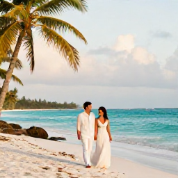 Caribbean Holidays, Trinidad Wedding May, A newly married couple walking along a sunny Trinidad beach in May, with turquoise sea, palm trees and soft golden light