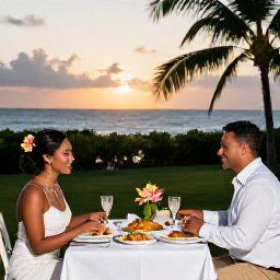 Caribbean Holidays, Trinidad Wedding May, Bride and groom sharing a relaxed wedding meal outdoors in Tobago, with Caribbean dishes, tropical flowers and sunset sea views