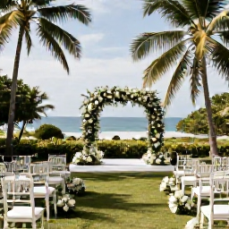 Caribbean Holidays, Trinidad Wedding May, Elegant outdoor wedding ceremony in a tropical Trinidad garden, decorated with simple white flowers and views towards the sea