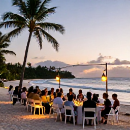 Caribbean Holidays, Trinidad Wedding May, Wedding guests enjoying a sunset beach reception in Tobago, with lanterns, palm trees and gentle waves