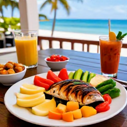 Caribbean Holidays, Trinidad Wellness, A colourful healthy Caribbean lunch in Trinidad and Tobago, featuring fresh fruit, vegetables, grilled fish and local ingredients on a sunny terrace