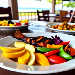 Caribbean Holidays, Trinidad Wellness, A colourful healthy Caribbean meal with tropical fruit, grilled fish and fresh vegetables served at an open-air restaurant in Trinidad and Tobago