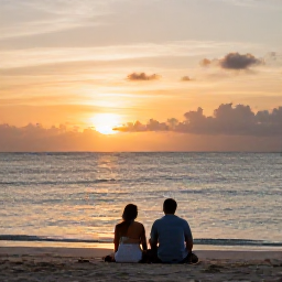 Caribbean Holidays, Trinidad Wellness, A couple enjoying a peaceful sunset over the Caribbean Sea in Trinidad and Tobago, seated near a quiet beach with warm evening light