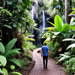 Caribbean Holidays, Trinidad Wellness, A lush Trinidad rainforest trail near a waterfall, with a visitor enjoying a gentle nature walk surrounded by tropical plants