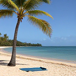 Caribbean Holidays, Trinidad Wellness, A peaceful beachfront wellness setting in Trinidad and Tobago during February, with palm trees, calm turquoise water and a yoga mat on the sand