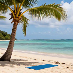 Caribbean Holidays, Trinidad Wellness, A peaceful beachfront wellness setting in Trinidad and Tobago in June, with palm trees, calm turquoise sea and a yoga mat on the sand