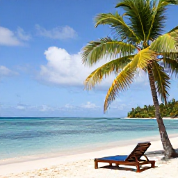 Caribbean Holidays, Trinidad Wellness, A peaceful tropical beach in Tobago with calm turquoise water, soft white sand, palm trees and a comfortable sun lounger