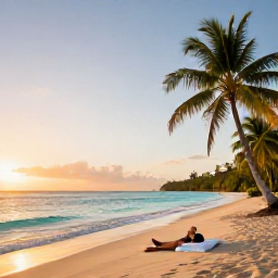 Caribbean Holidays, Trinidad Wellness, A peaceful tropical beach in Trinidad and Tobago at sunrise, calm turquoise sea, palm trees and a quiet wellness holiday atmosphere