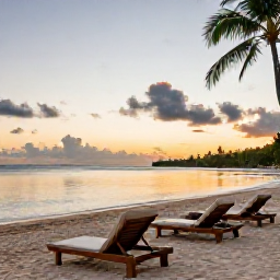 Caribbean Holidays, Trinidad Wellness, A quiet Caribbean beach in Tobago at sunset, comfortable sun loungers, calm water and a peaceful November holiday setting