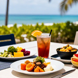 Caribbean Holidays, Trinidad Wellness, A relaxed outdoor table in Trinidad and Tobago with healthy Caribbean food, tropical fruit, herbal tea and a view of the sea