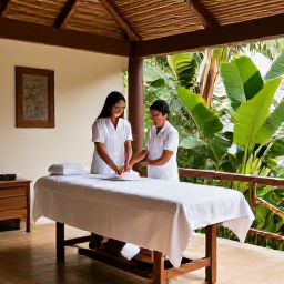 Caribbean Holidays, Trinidad Wellness, A serene outdoor spa or yoga retreat in Trinidad and Tobago, surrounded by tropical plants, with a therapist's treatment room and natural wooden details