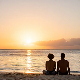 Caribbean Holidays, Trinidad Wellness, A serene sunset over a Caribbean beach in Tobago, with warm golden light, calm sea and a comfortable couple relaxing near the shore
