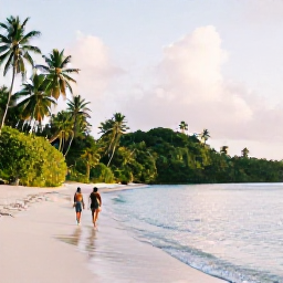 Caribbean Holidays, Trinidad Wellness, A tranquil Caribbean beach in Tobago with a couple walking barefoot beside calm water, tropical greenery and soft morning light