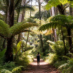 Caribbean Holidays, Trinidad Wellness, A tranquil forest trail in Tobago with tall tropical trees, filtered sunlight, ferns and a hiker walking peacefully