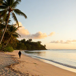 Caribbean Holidays, Trinidad Wellness, A tranquil Tobago beach at sunrise in June, with soft golden light, clear water, tropical greenery and a lone person walking along the shore