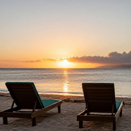 Caribbean Holidays, Trinidad Wellness Break, A calm sunset over Tobago coastline with two comfortable loungers, warm evening light and a peaceful Caribbean atmosphere
