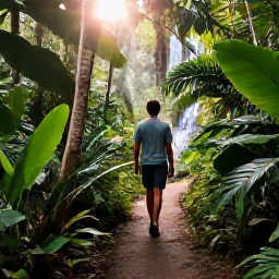 Caribbean Holidays, Trinidad Wellness Break, A lush forest trail in Trinidad with a traveller walking beside tropical plants, filtered sunlight and a small waterfall